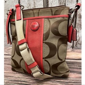 COACH Brown Logo & coral red canvas Crossbody leather details silver hardware